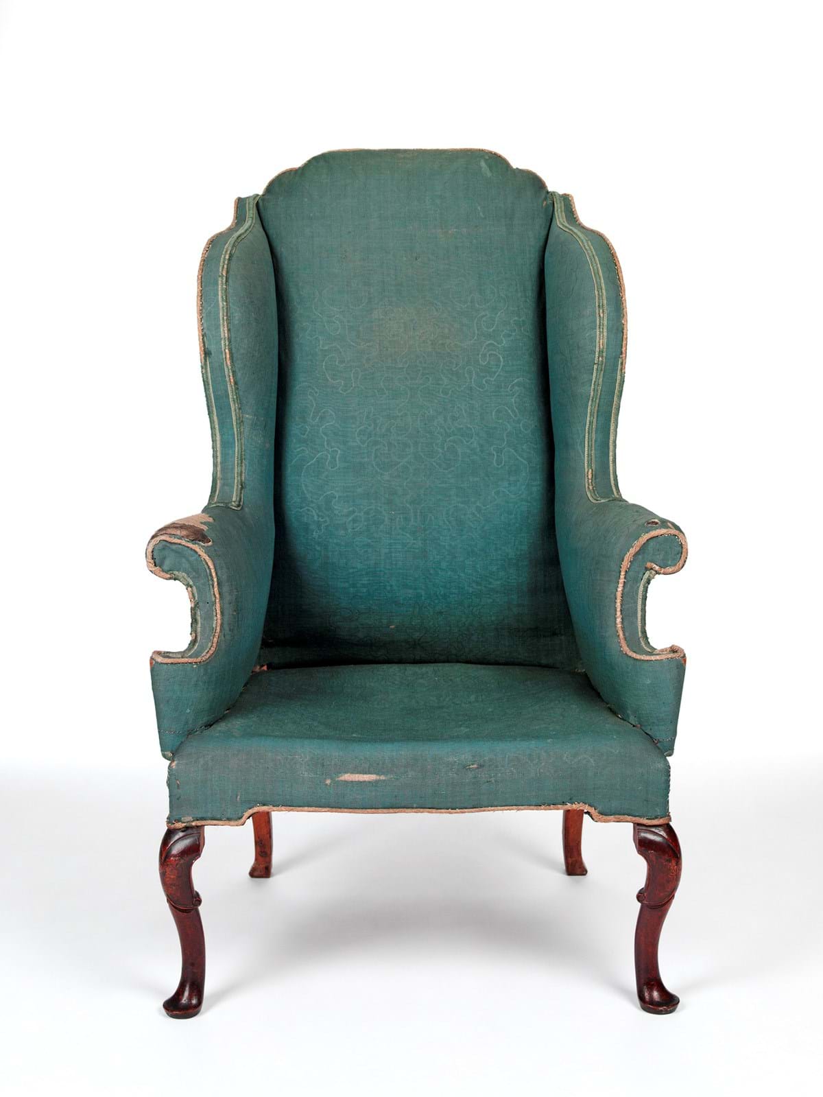 Blue chair with brown wooden legs