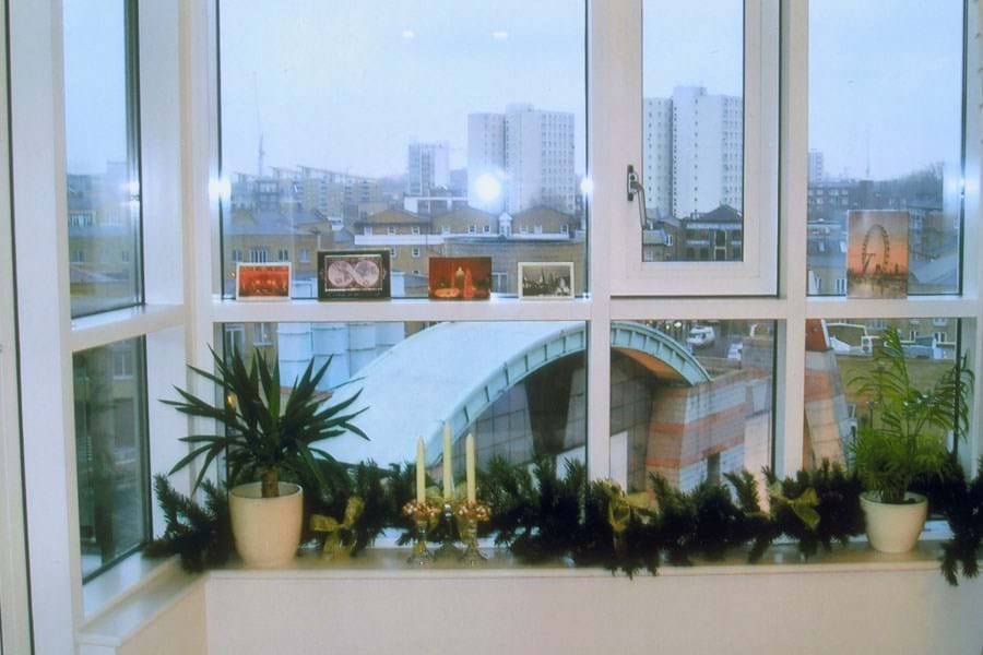 View out of a window with Christmas decorations on the ledge