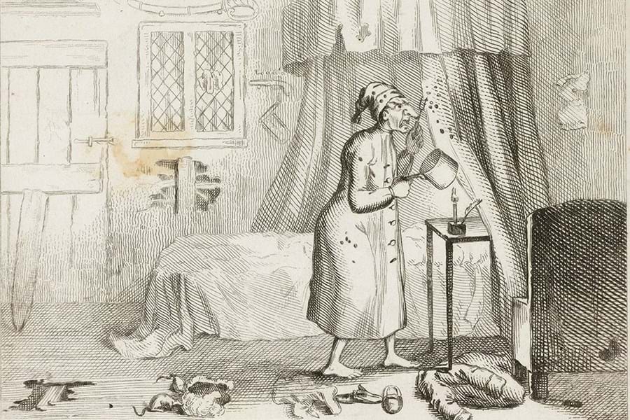 Black and white etching of a person picking off insects from the bed curtains into a saucepan